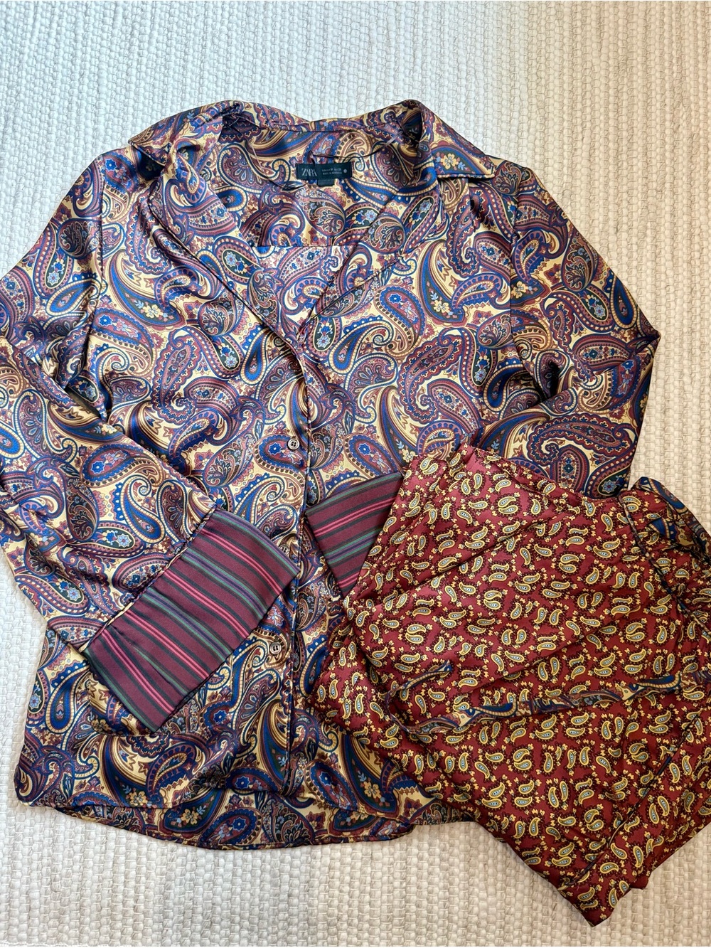 Zara Silk Paisley SET Button-Up Blouse and Pant in Multicolor, both Size M